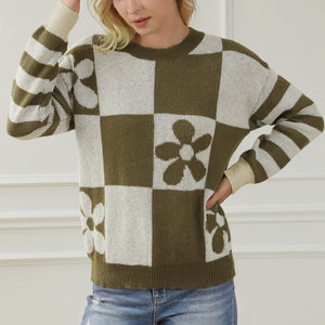 Contrast Round Neck Long Sleeve Sweater