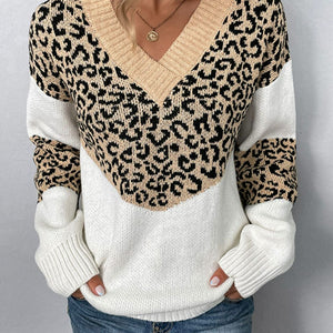 Leopard V-Neck Dropped Shoulder Sweater