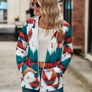 Geometric Zip Up Long Sleeve Hooded Jacket