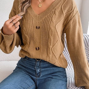 Cable-Knit Buttoned V-Neck Sweater