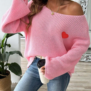 Heart Boat Neck Dropped Shoulder Sweater