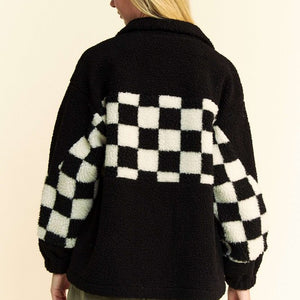 Davi & Dani Full Size Checkered Snap Down Faux Fur Jacket