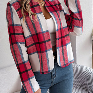 Plaid Open Front Long Sleeve Jacket