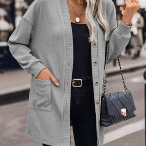 Textured Button Down V-Neck Long Sleeve Cardigan