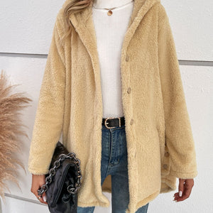 Fuzzy Button Up Hooded Jacket