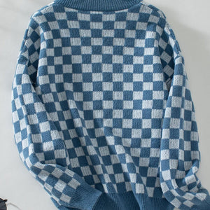 Checkered V-Neck Dropped Shoulder Sweater