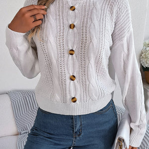 Cable-Knit Buttoned Round Neck Sweater