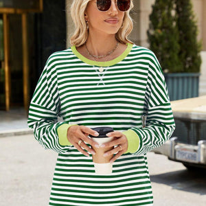 Slit Striped Round Neck Long Sleeve Sweatshirt