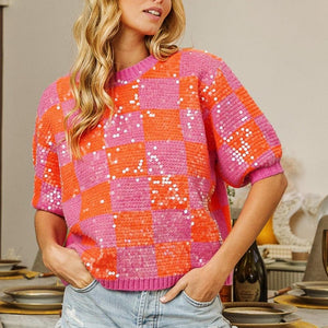 BiBi Checkered Short Sleeve Sequin Sweater