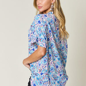 Double Take Full Size Printed V-Neck Short Sleeve Blouse