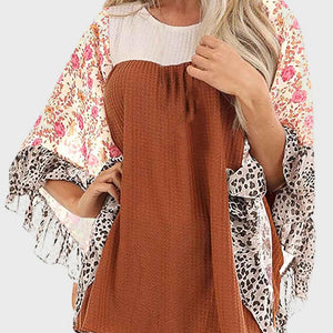 Full Size Printed Round Neck Three-Quarter Sleeve Blouse