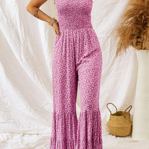 Smocked Printed Wide Strap Jumpsuit