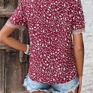 Full Size Printed V-Neck Short Sleeve Blouse