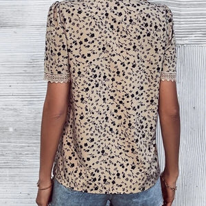 Full Size Printed V-Neck Short Sleeve Blouse