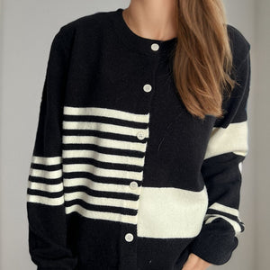 Striped Color Block Round Neck Cardigan