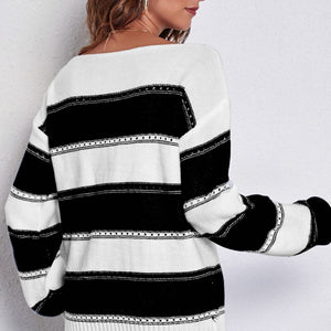 Striped Boat Neck Dropped Shoulder Sweater