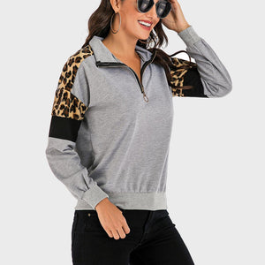 Perfee Contrast Leopard Half Zip Long Sleeve Sweatshirt