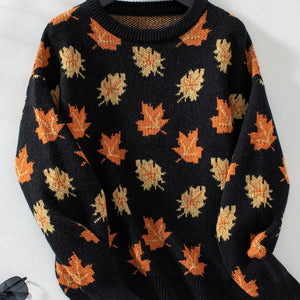 Maple Leaf Round Neck Long Sleeve Sweater