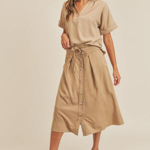 MABLE Short Sleeve Top and Button Down Midi Skirt Set