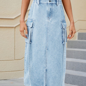 Slit Pocketed High Waist Denim Skirt