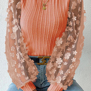 Double Take Textured Applique Long Sleeve Blouse