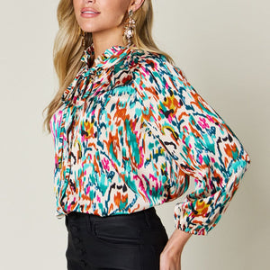 Double Take Full Size Printed Button Up Long Sleeve Shirt