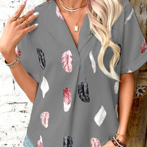 Full Size Printed Collared Neck Short Sleeve Blouse