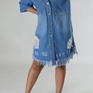 Distressed Raw Hem Button Up Denim Dress