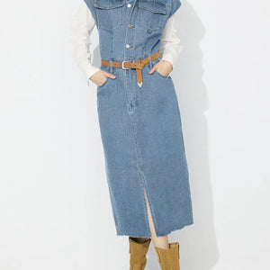 Slit Half Button Collared Neck Cap Sleeve Denim Dress