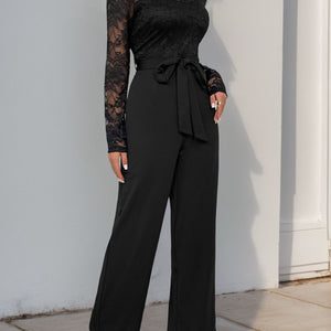 Perfee Lace Round Neck Long Sleeve Jumpsuit