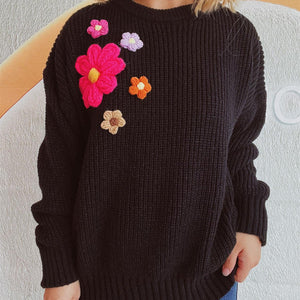 Crochet Flower Round Neck Dropped Shoulder Sweater