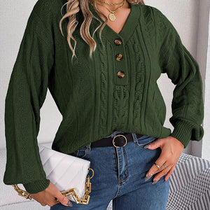 Cable-Knit V-Neck Long Sleeve Sweater