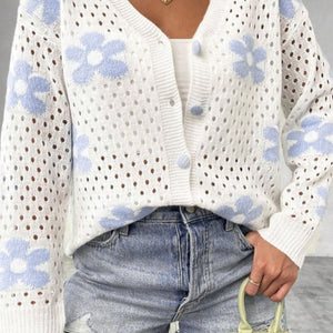 Flower Hollowed Out Button Down Long Sleeve Cardigan