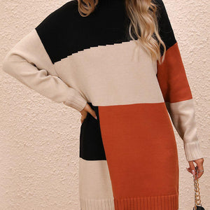 Color Block Mock Neck Dropped Shoulder Sweater Dress