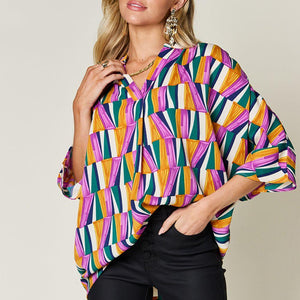 Double Take Full Size Geometric Notched Dolman Sleeve Top