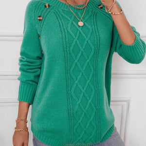 Decorative Button Round Neck Raglan Sleeve Sweater