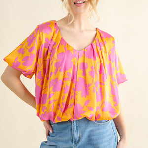 And The Why Full Size Printed Satin Bubble Hem Top