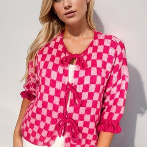 Double Take Tied Checkered Dropped Shoulder Flounce Sleeve Cardigan