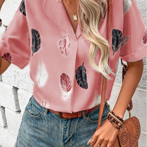 Full Size Printed Collared Neck Short Sleeve Blouse