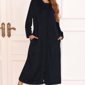 Zip Front Hooded Night Dress with Pockets