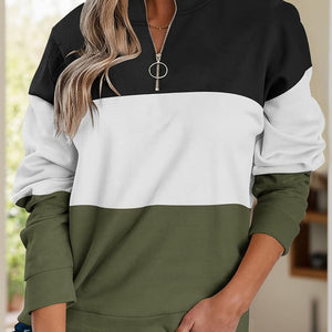 Full Size Color Block Quarter Zip Long Sleeve Sweatshirt