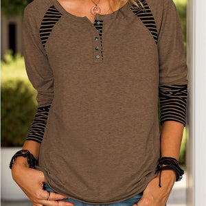 Full Size Striped Quarter Button Long Sleeve T-Shirt