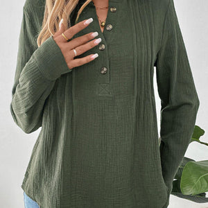 Perfee Textured Notched Long Sleeve Blouse