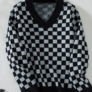 Checkered V-Neck Dropped Shoulder Sweater