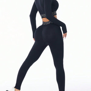 Letter Print Round Neck Long Sleeve Top and Leggings Active Set