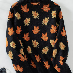 Maple Leaf Round Neck Long Sleeve Sweater