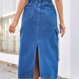 Slit Midi Denim Skirt with Pockets