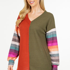 Celeste Full Size Contrast Striped V-Neck Long Sleeve Blouse