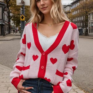 Heart Button Up Dropped Shoulder Long Sleeve Cardigan