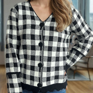 Plaid V-Neck Button Up Cardigan